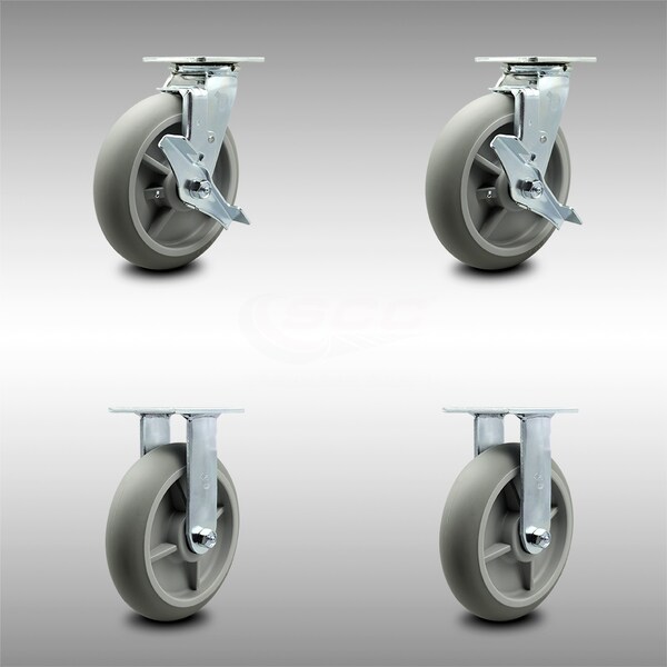 8 Inch SS Thermoplastic Rubber Caster Set with Roller Bearings 2 Brake 2 Rigid